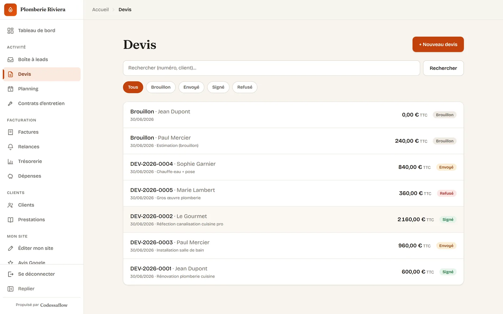 Écran devis du cockpit Codessaflow, prêt à être signé en ligne.